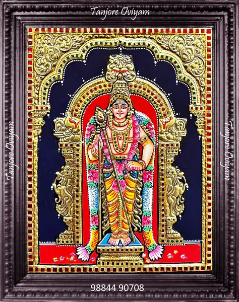 Handmade Thiruchendur Murugan Tanjore painting standing Murugan vel gold foil traditional temple artwork